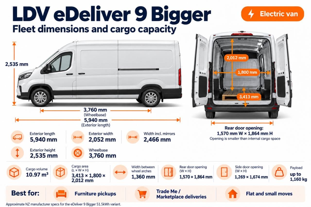 LDV eDeliver 9 cargo-van dimensions and approximately 10.97 cubic metres of cargo capacity